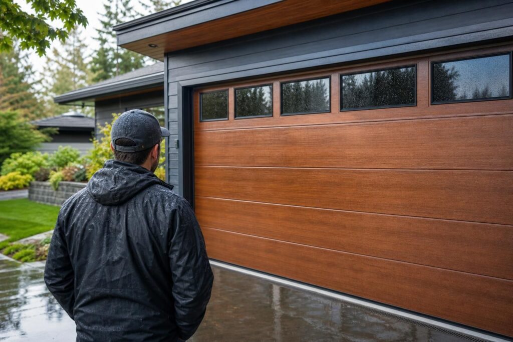Man in rain jacket inspecting wood garage door with wet windows